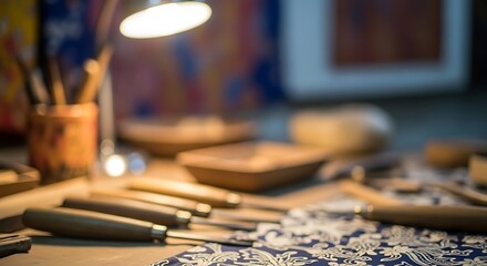 Naklejka premium Wood carving tools and unfinished wooden objects on a workbench under a lamp with abstract art in the background, close-up shot