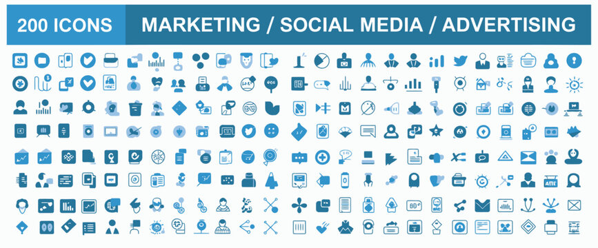 Comprehensive set of two hundred blue marketing social media and digital advertising icons