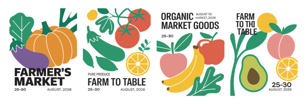Set of colorful flat posters for farmers market with organic vegetables and fresh fruits