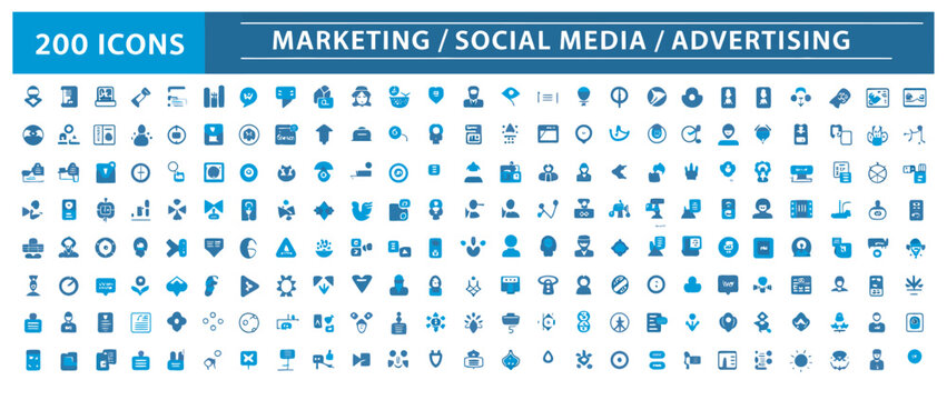 Large collection of two hundred blue marketing social media and digital advertising icons