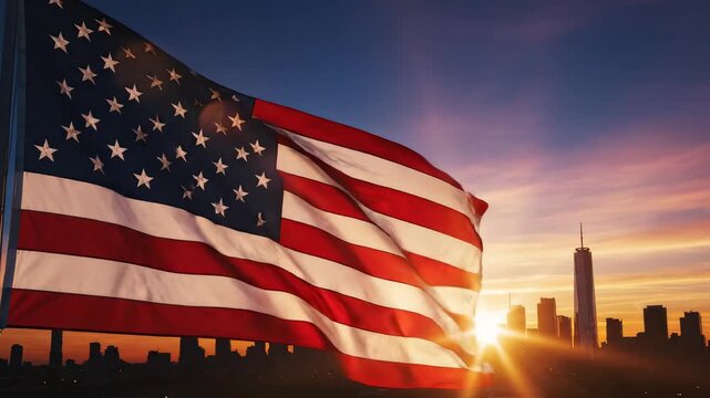 American flag waving in front of city skyline ideal for eco-friendly campaigns and travel vlogs