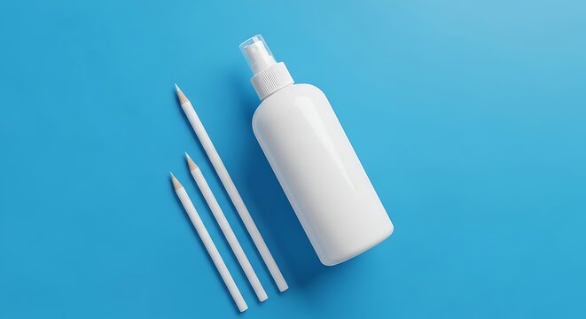 White spray bottle mockup with three white pencils on a vibrant blue background, skincare or pet grooming presentation