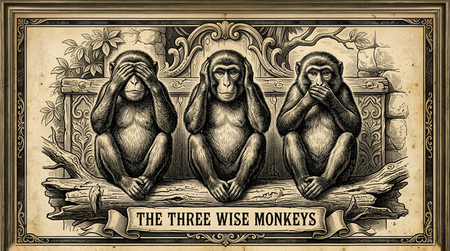 The Three Wise Monkeys depicting the proverb of 'see no evil, hear no evil, speak no evil' in a vintage illustration style