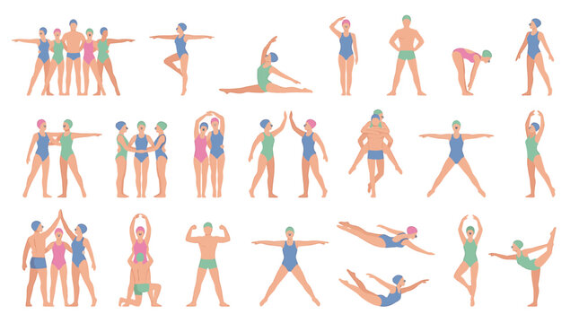 Flat vector illustration set of 30 different synchronized swimming poses and artistic swimmers performing water routines, isolated elements for design and sports graphics.