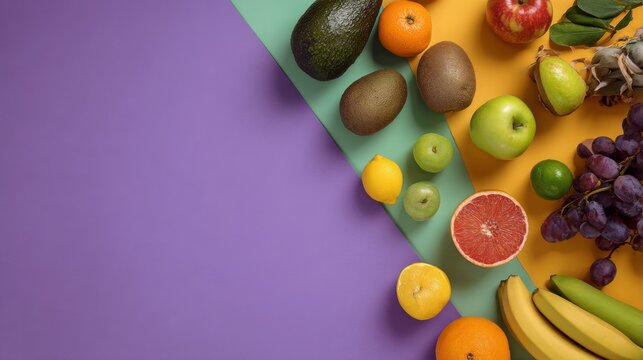 Healthy school lunch flat lay with fresh fruits vegetables sandwiches and snacks on colorful background, balanced nutrition concept for children education meal planning and back to school food prepara