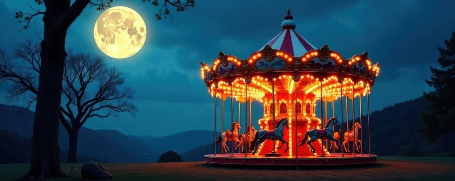 Elegant, glowing carousel in a moonlit landscape, image, moon, illuminated