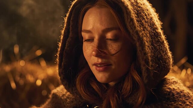 Woman in hooded cloak with warm light perfect for UI/UX elements and digital motion graphics