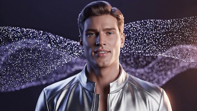 Contemporary Male Model in Silver Jacket with Abstract Particle Effects Representing Youthful Aesthetic Appeal