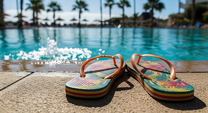 Flip-flops on poolside concrete with sparkling water background for summer travel marketing, lifestyle branding and seasonal promotion