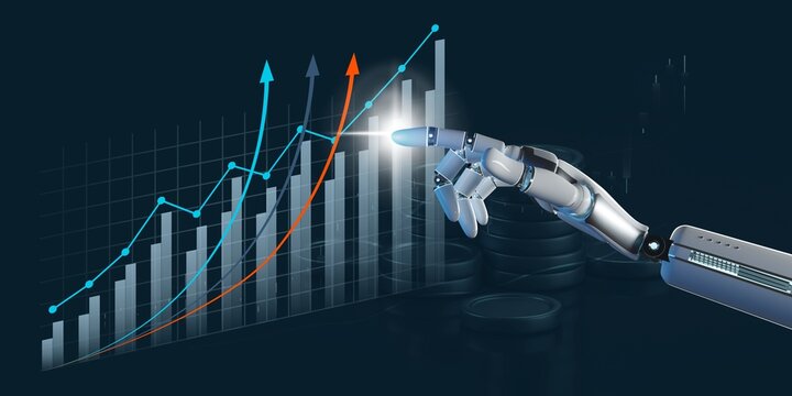 Robotic Hand Pointing at Growing Financial Chart on Dark Futuristic Background, AI Stock Trading and Financial Data Analysis Concept