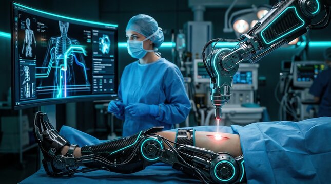 Robotic Surgery Performing a Precision Laser Incision on a Bionic Leg in a High Tech Operating Room