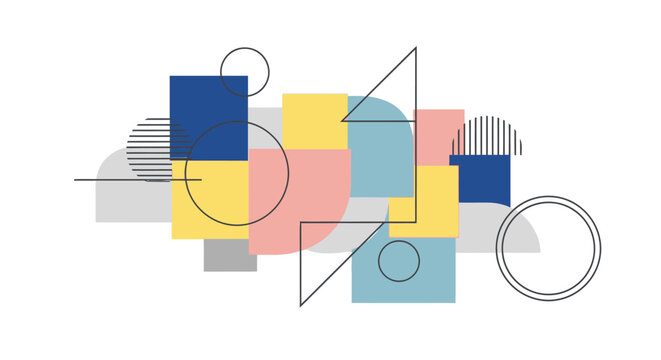 The abstract art composition features colorful geometric shapes and lines on a white background.
