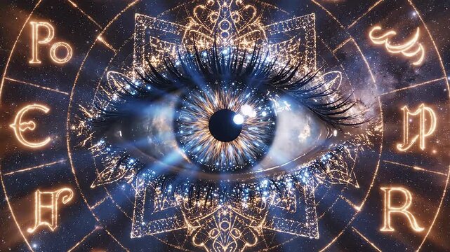 Cosmic eye with zodiac symbols symbolizing dynamic movement and artistic expression