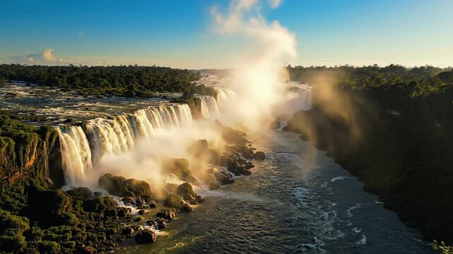 Breathtaking 4k cinematic drone zoom out revealing massive Iguazu Falls during golden hour for luxury travel documentary advertising