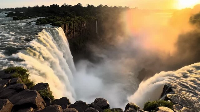 Cinematic 4k powerful immersive eye-level view of Iguazu Devil's Throat massive cascading waterfall during golden hour light for inspiring luxury travel documentary or natural