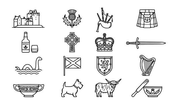 Editable Scottish heritage outline icon set vector isolated on white background