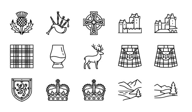 Editable Scottish heritage outline icon set vector isolated on white background