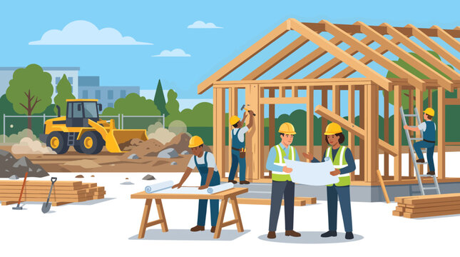 Construction team building a new house frame. Architects review blueprints, heavy machinery operates. Residential development, teamwork, and urban progress.