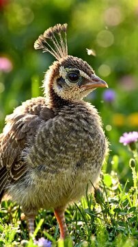 Adorable peachick stands in a sunlit meadow. Developing crest, soft feathers, green grass, and wildflowers capture its youthful charm, symbolizing new life