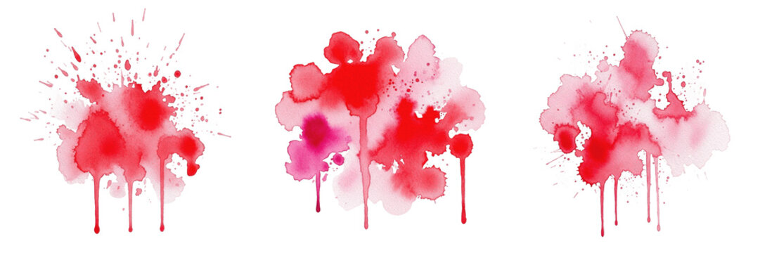 Set and collection of dark red watercolor splash texture isolated on white transparent png background