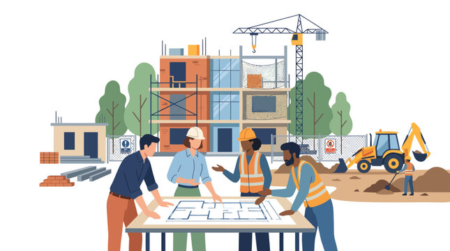 Diverse construction team planning building project at construction site with blueprints, crane, and excavator
