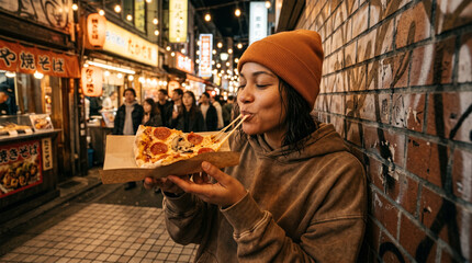 Young Woman Enjoying a Slice of Cheesy Pizza at a Vibrant Night Street Food Market in Japan