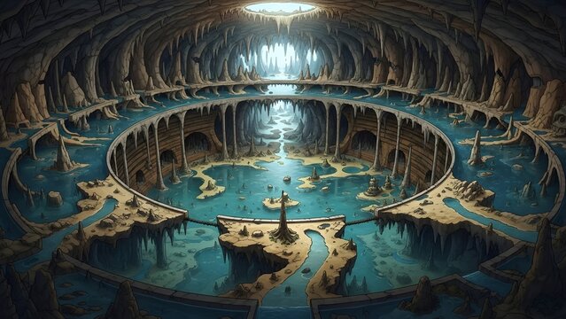 Cavern interior reveals a massive subterranean circular water temple featuring limestone formations and glowing blue pools under a central light shaft.
