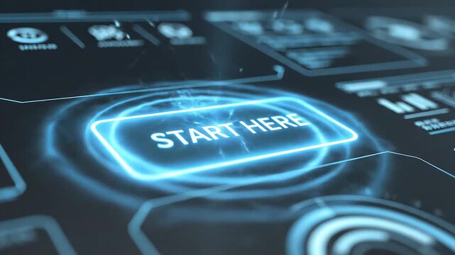 Futuristic Interface - Start Here Button on a Digital Screen with Glowing Blue Elements.