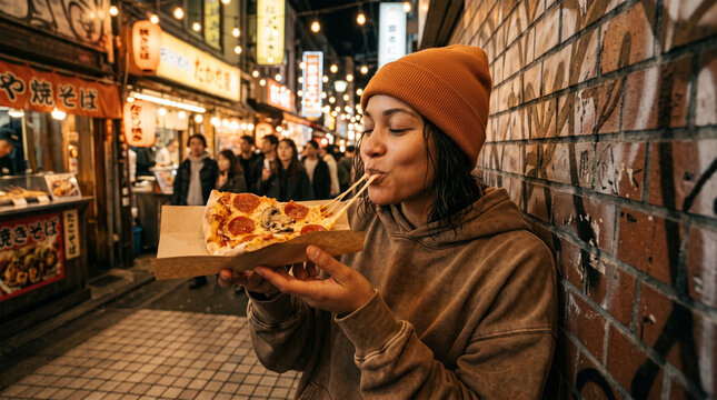 Young Woman Enjoying a Slice of Cheesy Pizza at a Vibrant Night Street Food Market in Japan