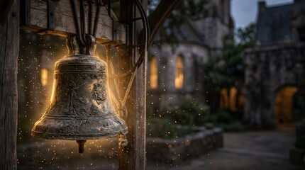 Obraz premium Antique bronze church bell glowing with magical sparks at twilight