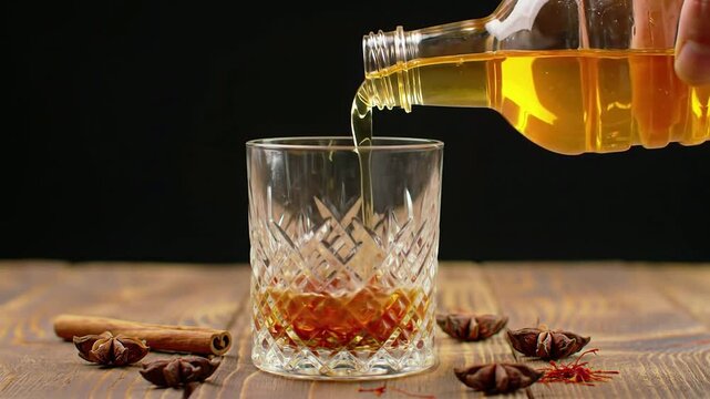 Pouring Golden Liquid Into Crystal Glass With Spices On Dark Background, Close-Up Culinary Beverage Concept