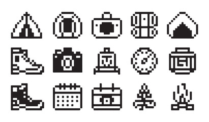 Pixel art camping icons set including tent camera hiking boots and calendar outdoor elements. © MD.RAHIM