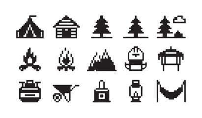 Naklejka premium Pixelated outdoor camping adventure elements featuring tents cabins trees and travel gear kits.