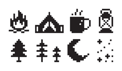 Camping night icons in pixel art style featuring moon campfire lantern and pine trees design. © MD.RAHIM