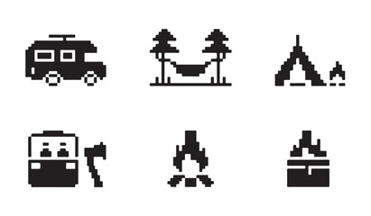 Camping travel pixel icons with motorhome hammock tent axe and campfire outdoor leisure motifs. © MD.RAHIM