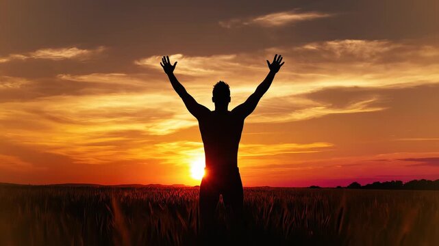 Silhouette of a person with open arms at sunset ideal for eco-friendly campaigns and travel vlogs