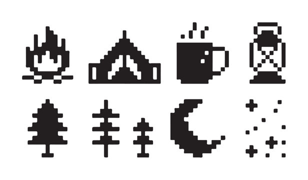 Camping night icons in pixel art style featuring moon campfire lantern and pine trees design.