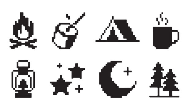 Outdoor adventure pixel icons collection with marshmallow fire lantern moon and forest trees.