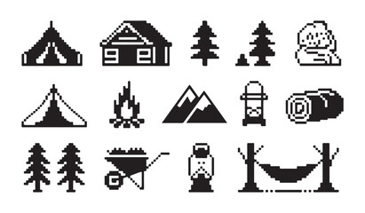 Camping and outdoor pixel art icons for nature, adventure and travel themes. © MD.RAHIM