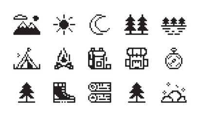 Camping and hiking pixel art icons for outdoor adventure and travel themes. © MD.RAHIM