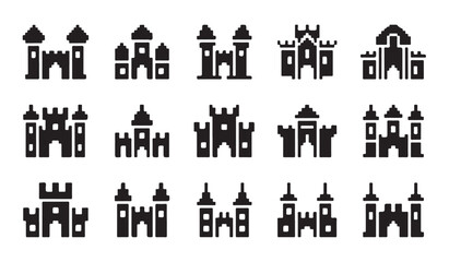 Pixel art castle icon collection showing various medieval fortress and tower designs set. © MD.RAHIM