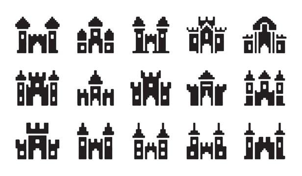 Pixel art castle icon collection showing various medieval fortress and tower designs set.