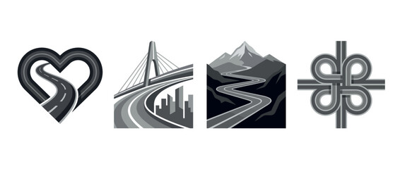 A visually striking set of road designs and symbols, representing various concepts of journeys, love, and connections, illustrating the metaphorical paths encountered in life. © han wei