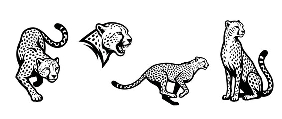 A striking series of stylized cheetah illustrations in black and white showcasing dynamic poses, perfect for wildlife enthusiasts and artistic projects. © han wei