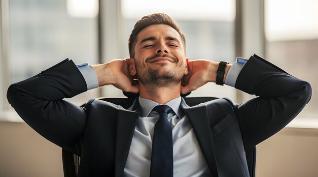 Businessman relaxes in his office chair with hands behind his head while feeling satisfied and proud of his recent career achievements.