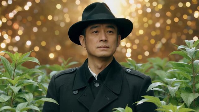 Profile of a man in a top hat next to a green plant