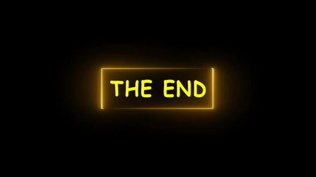 The end screen video for final outro cinematic closing with glowing neon frame on black background. Finishing scene vintage movie film concept.