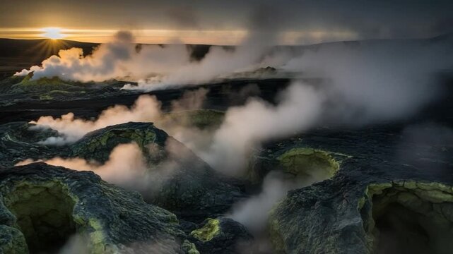 Geothermal volcanic landscape with steaming fumaroles and sulfur deposits at sunrise, representing raw earth energy, geological activity, and dramatic natural power