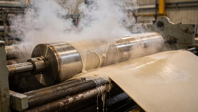 Medium shot capturing steamheated rolls pressing a damp paper sheet with noticeable steam emission and water removal emphasizing heatassisted dewatering process.