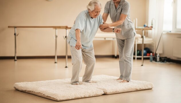 Senior practicing guided mobility drills on soft mat in therapy room with outoffocus parallel bars creating a safe environment.